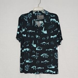 NWT Brooklyn Cloth Black Nautical Sketch Rayon Camp Collar Shirt Mens Size Small